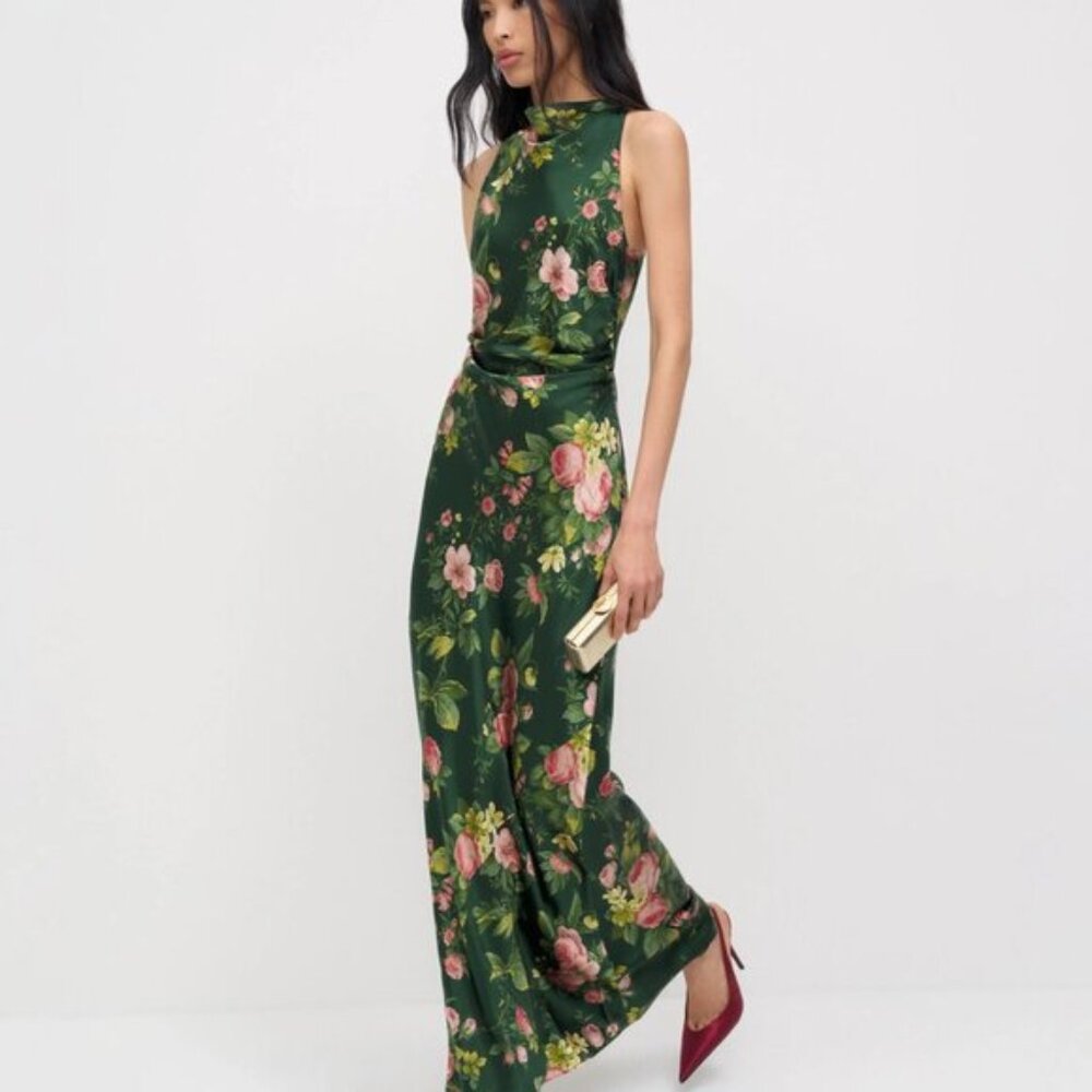 NEW Reformation Anaiis Silk Backless Long Dress Belvedere Green Floral US 2 UK 6